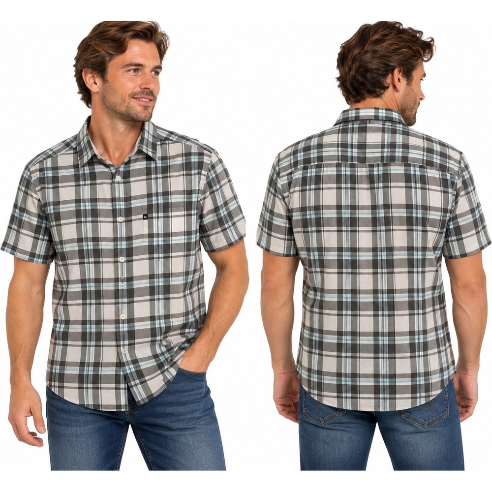 Quiksilver Men's Medium Plaid Short Sleeve Button Up Shirt Gray Blue Surf Casual
